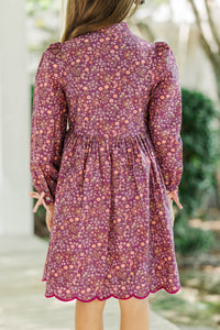Girls: Just Like Me Plum Ditsy Floral Scalloped Dress
