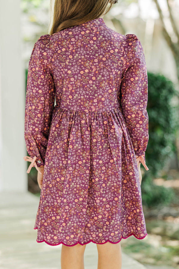Girls: Just Like Me Plum Ditsy Floral Scalloped Dress