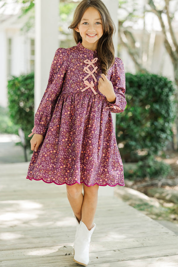 Girls: Just Like Me Plum Ditsy Floral Scalloped Dress
