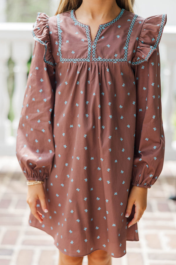 Girls: See It Through Brown Bow Print Babydoll Dress