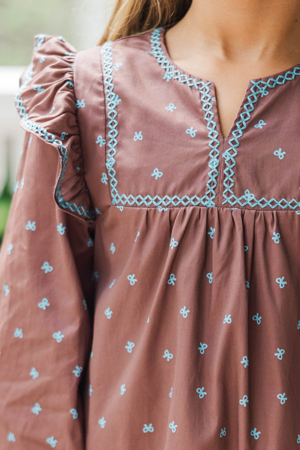 Girls: See It Through Brown Bow Print Babydoll Dress