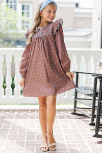 Girls: See It Through Brown Bow Print Babydoll Dress