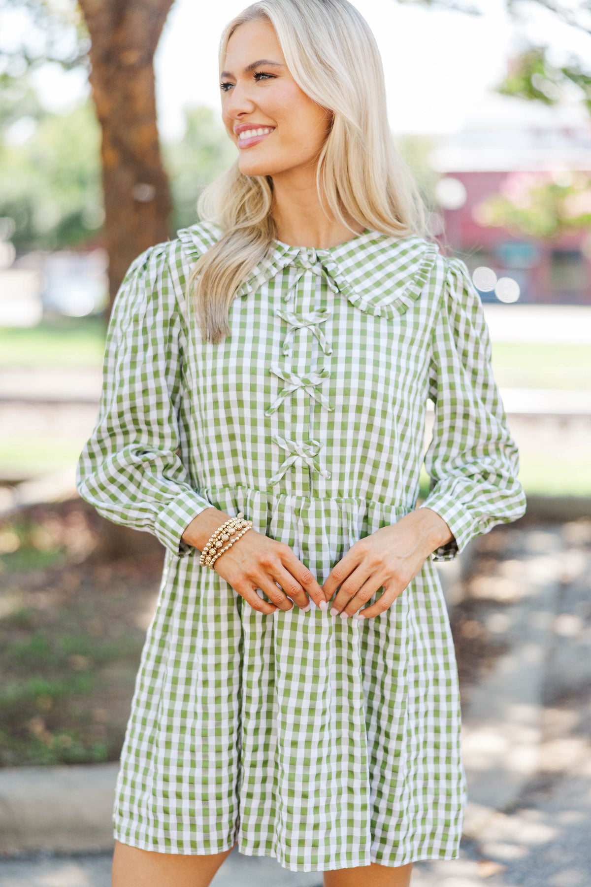 Checking All The Boxes Olive Gingham Dress, Medium - The Mint Julep Boutique