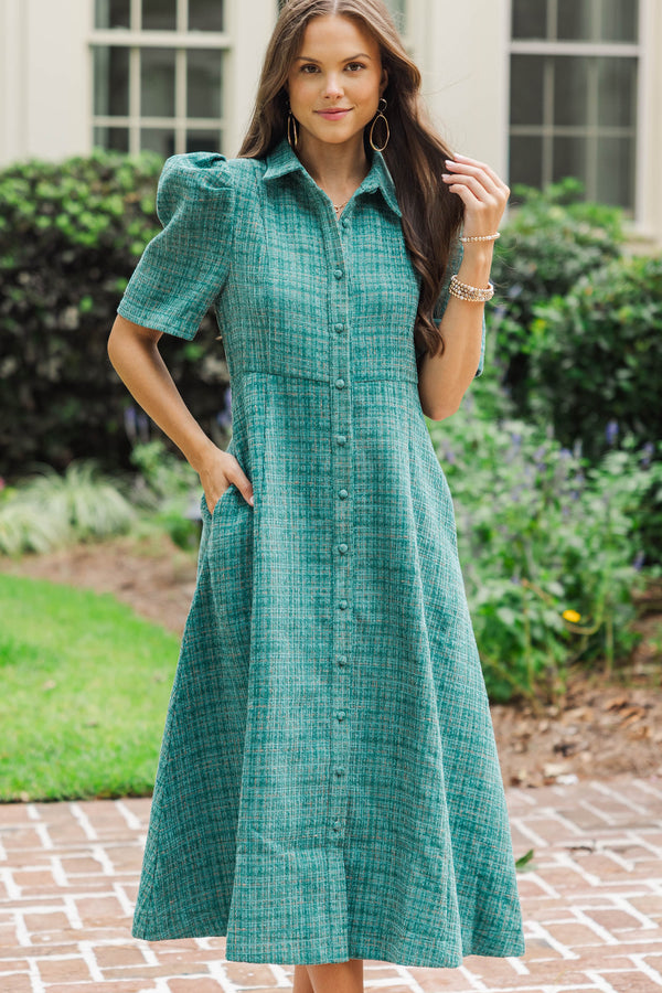 Take It As It Is Teal Tweed Midi Dress