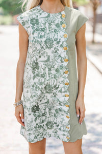 Sweet Ripple Olive Toile Scalloped Dress