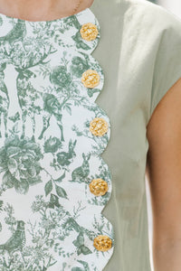 Sweet Ripple Olive Toile Scalloped Dress