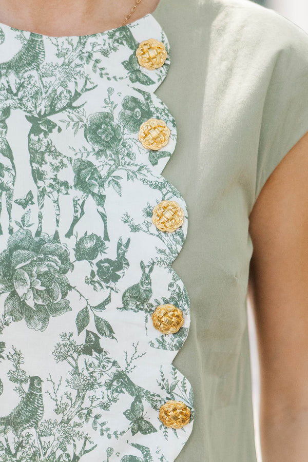Sweet Ripple Olive Toile Scalloped Dress