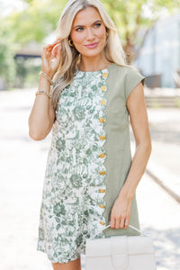 Sweet Ripple Olive Toile Scalloped Dress