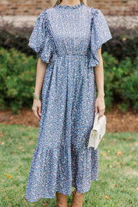 All The Good Blue Ditsy Floral Ruffled Midi Dress