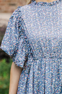 All The Good Blue Ditsy Floral Ruffled Midi Dress