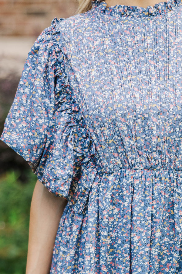 All The Good Blue Ditsy Floral Ruffled Midi Dress