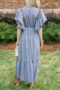 All The Good Blue Ditsy Floral Ruffled Midi Dress