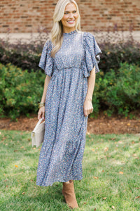 All The Good Blue Ditsy Floral Ruffled Midi Dress