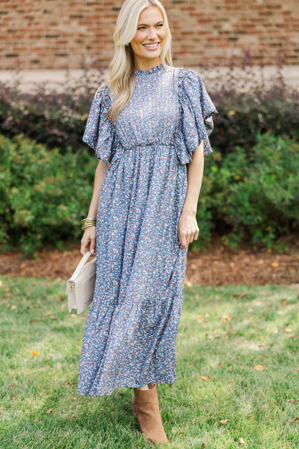 All The Good Blue Ditsy Floral Ruffled Midi Dress