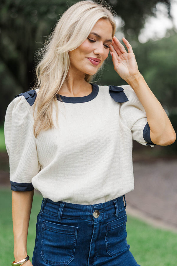 Just Take Notes Cream Tweed Blouse