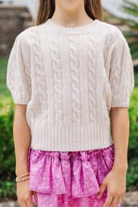 Girls: Warm Welcomes Oatmeal Cable Knit Sweater