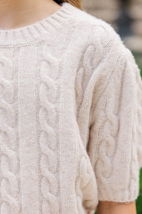Girls: Warm Welcomes Oatmeal Cable Knit Sweater