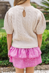 Girls: Warm Welcomes Oatmeal Cable Knit Sweater