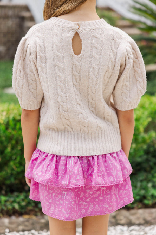 Girls: Warm Welcomes Oatmeal Cable Knit Sweater