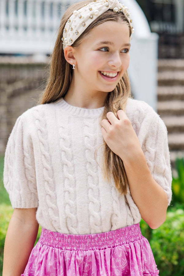 Girls: Warm Welcomes Oatmeal Cable Knit Sweater