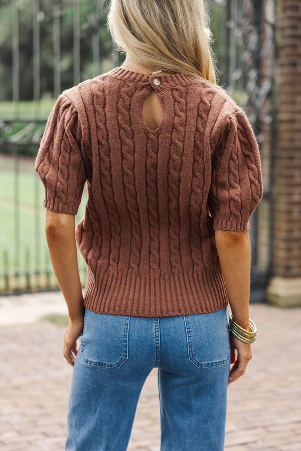 Give It A Try Cognac Brown Cable Knit Sweater
