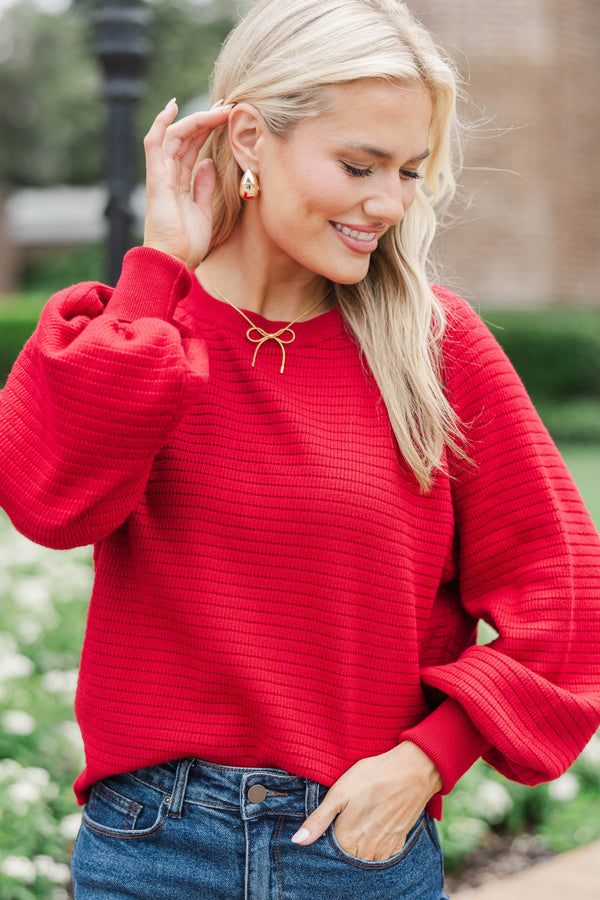 In The Works Red Ribbed Sweater