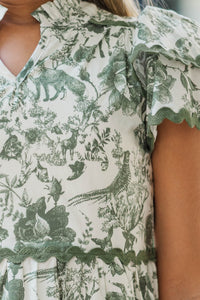 Girls: Come For It Olive Green Toile Babydoll Dress