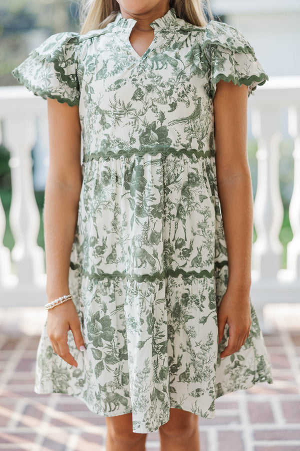 Girls: Come For It Olive Green Toile Babydoll Dress