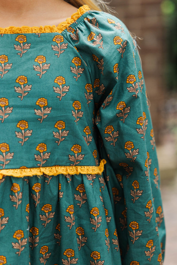 Girls: The Collins Teal Green Medallion Print Babydoll Dress