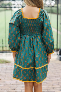 Girls: The Collins Teal Green Medallion Print Babydoll Dress