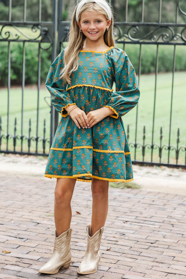 Girls: The Collins Teal Green Medallion Print Babydoll Dress