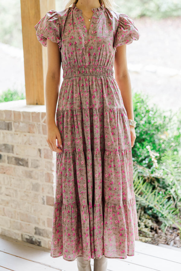 Coming Back For You Brown Ditsy Floral Tiered Midi Dress