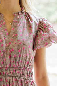 Coming Back For You Brown Ditsy Floral Tiered Midi Dress