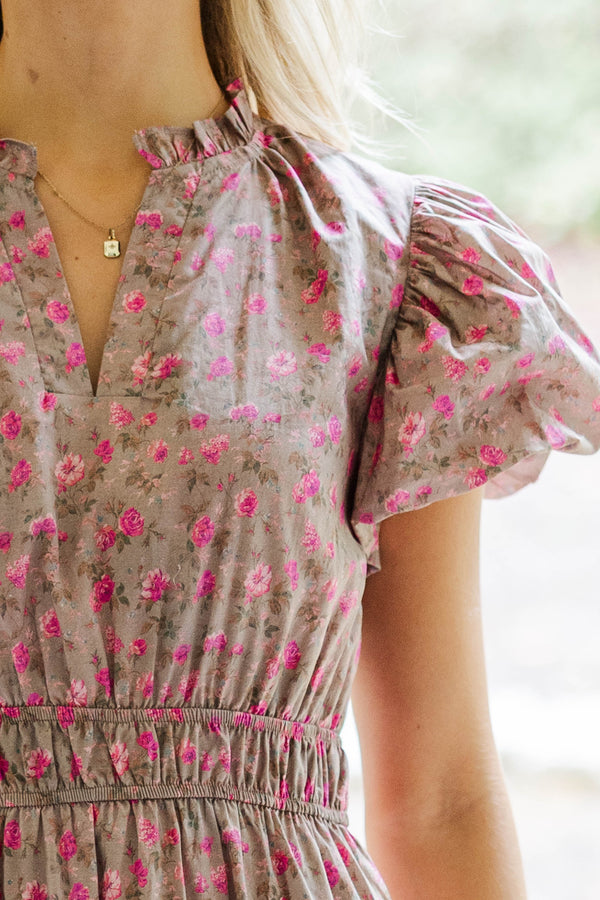 Coming Back For You Brown Ditsy Floral Tiered Midi Dress