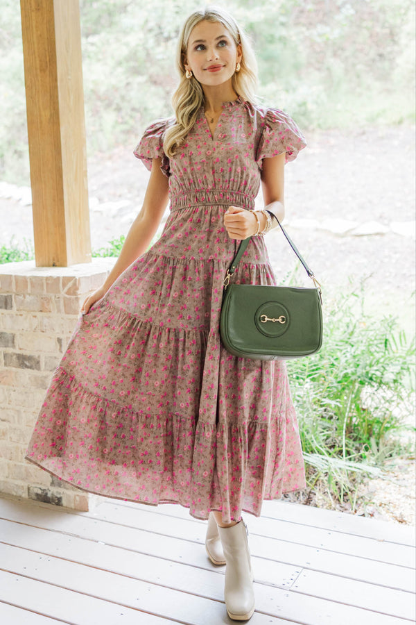 brown ditsy floral dress Brown Ditsy Floral Puff Sleeve Saffy Midi Dress