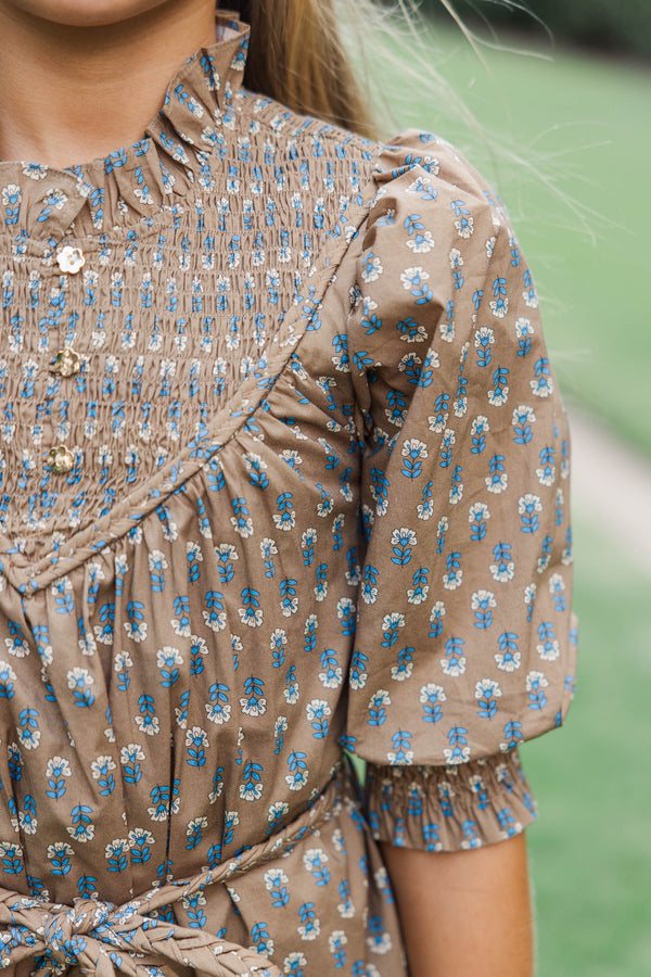 Girls: Braids And Blooms Brown Medallion Dress