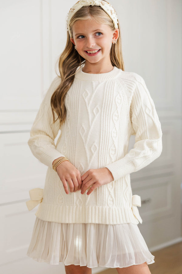 Girls: Cozy Afternoons Cream Pleated Sweater Dress