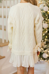 Girls: Cozy Afternoons Cream Pleated Sweater Dress