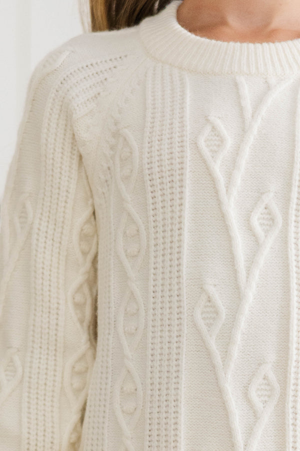 Girls: Cozy Afternoons Cream Pleated Sweater Dress