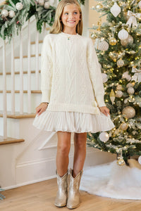 Girls: Cozy Afternoons Cream Pleated Sweater Dress