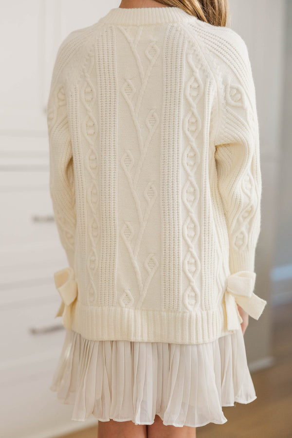Girls: Cozy Afternoons Cream Pleated Sweater Dress