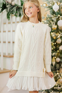 Girls: Cozy Afternoons Cream Pleated Sweater Dress