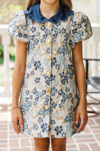 Girls: Gentle Ways Navy Brocade Scalloped Dress