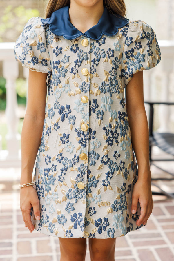 Girls: Gentle Ways Navy Brocade Scalloped Dress