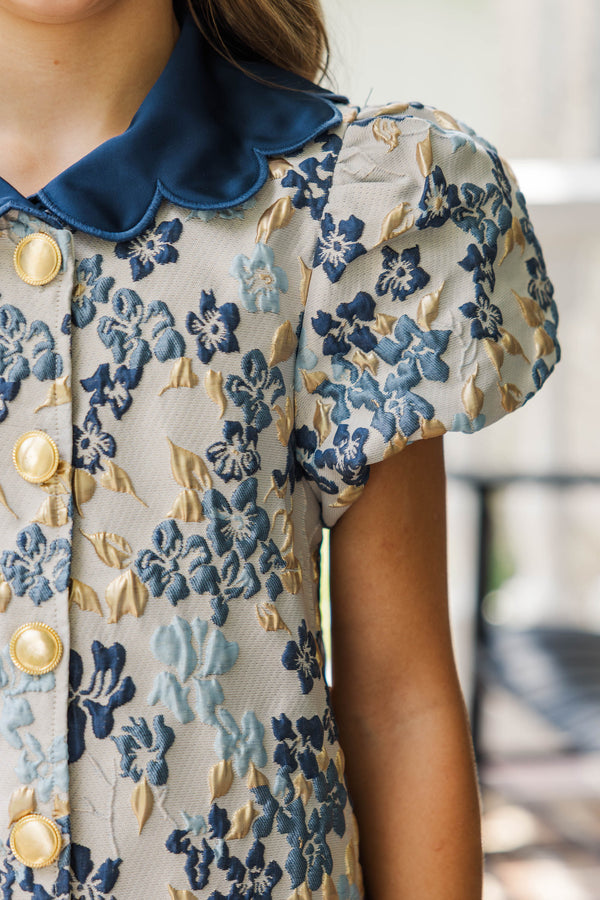 Girls: Gentle Ways Navy Brocade Scalloped Dress