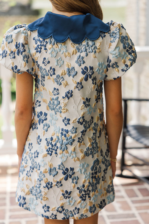 Girls: Gentle Ways Navy Brocade Scalloped Dress