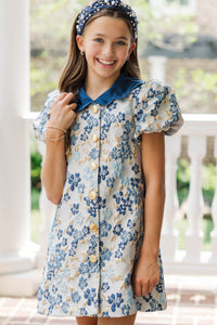 Girls: Gentle Ways Navy Brocade Scalloped Dress