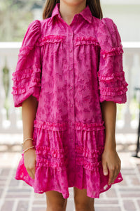 Girls: Just Keep It Up Magenta Textured Ruffled Dress