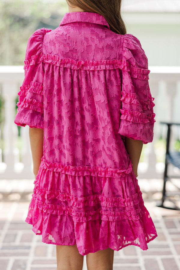 Girls: Just Keep It Up Magenta Textured Ruffled Dress