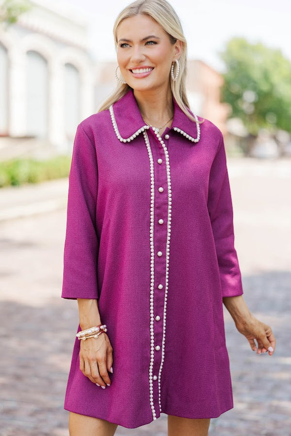 The Kindness Plum Purple Pearl Embellished Button Down Dress